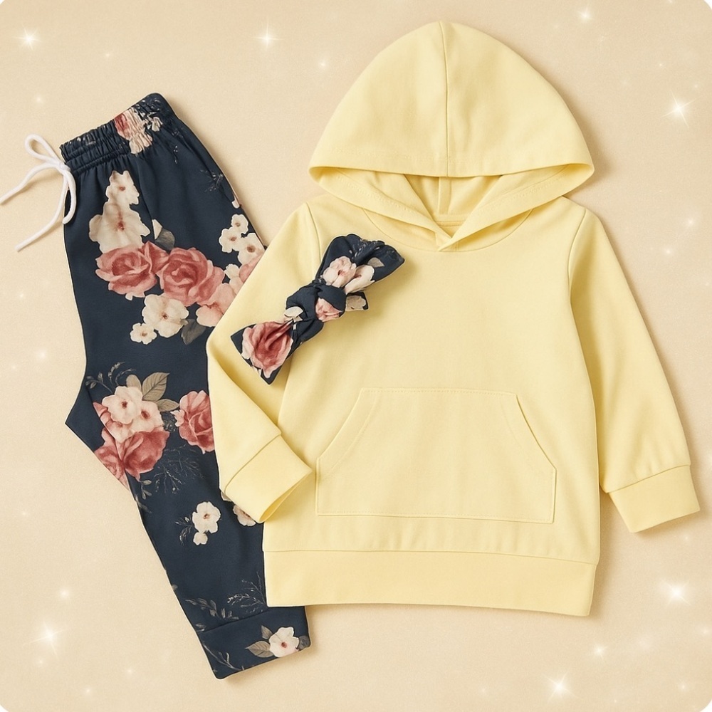 Girls 2T Yellow Hoodie Lounge Set Floral Pants Matching Bow